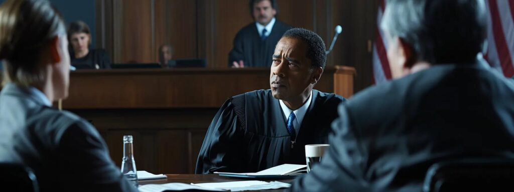 a tense courtroom scene captures a defendant anxiously seated at a table, surrounded by legal documents and an attentive judge, illustrating the serious implications of dui laws in california.