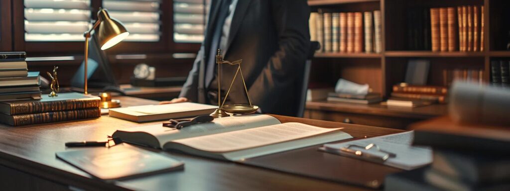 a focused attorney sits confidently at a sleek office desk, surrounded by legal texts and case files, conveying an atmosphere of expertise and determination in handling dui accident cases in california.