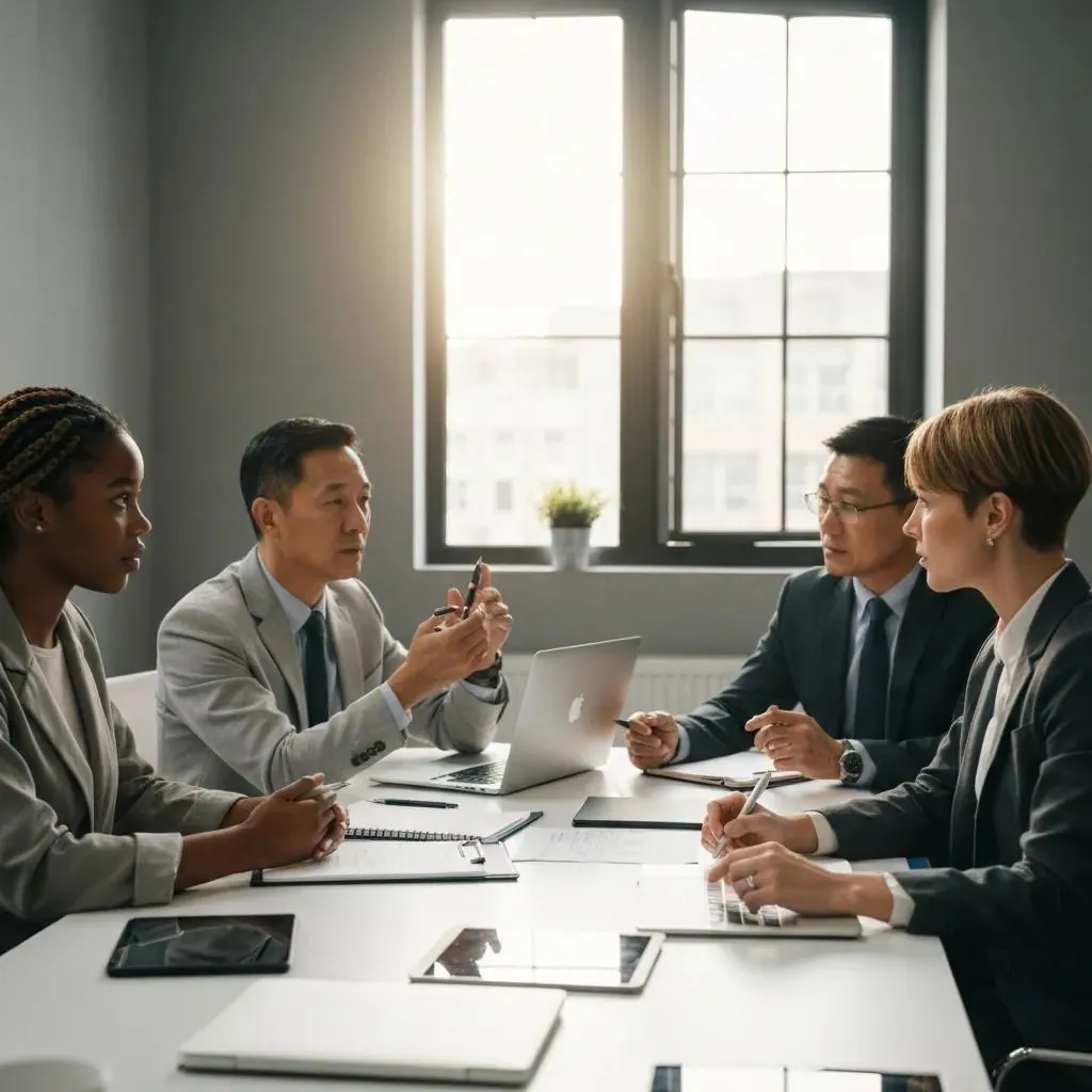 Group of diverse individuals discussing personal injury claims in a modern office