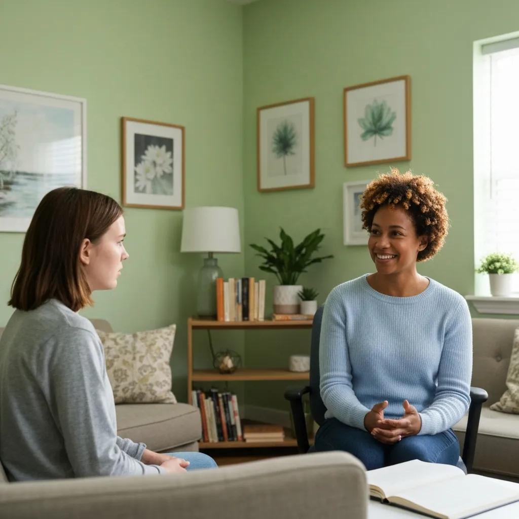 Counselor providing support to a survivor in a comfortable office, highlighting empathy and understanding