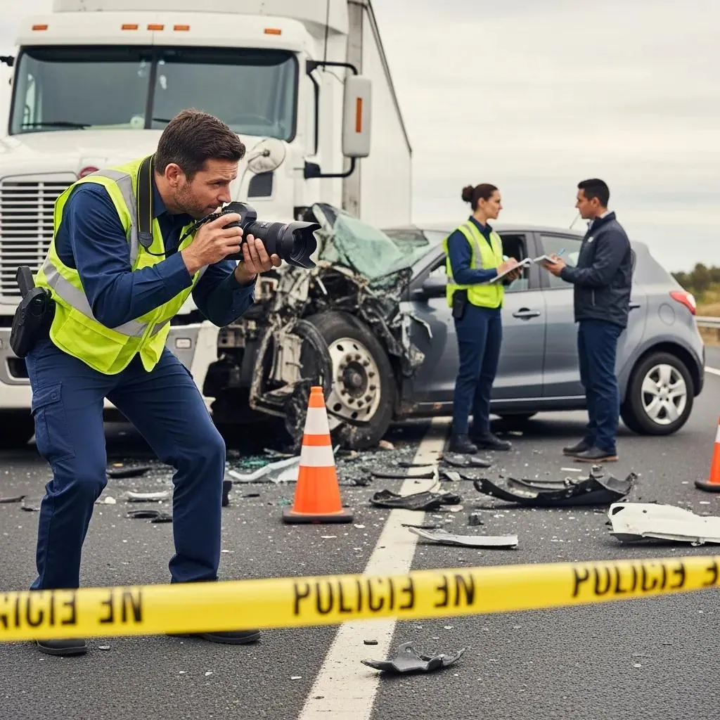 Person documenting evidence at a truck accident scene, emphasizing the importance of evidence collection