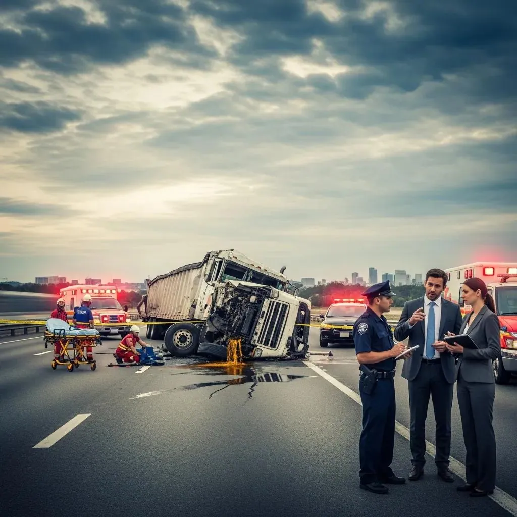 Truck accident scene with emergency responders and a lawyer discussing legal representation