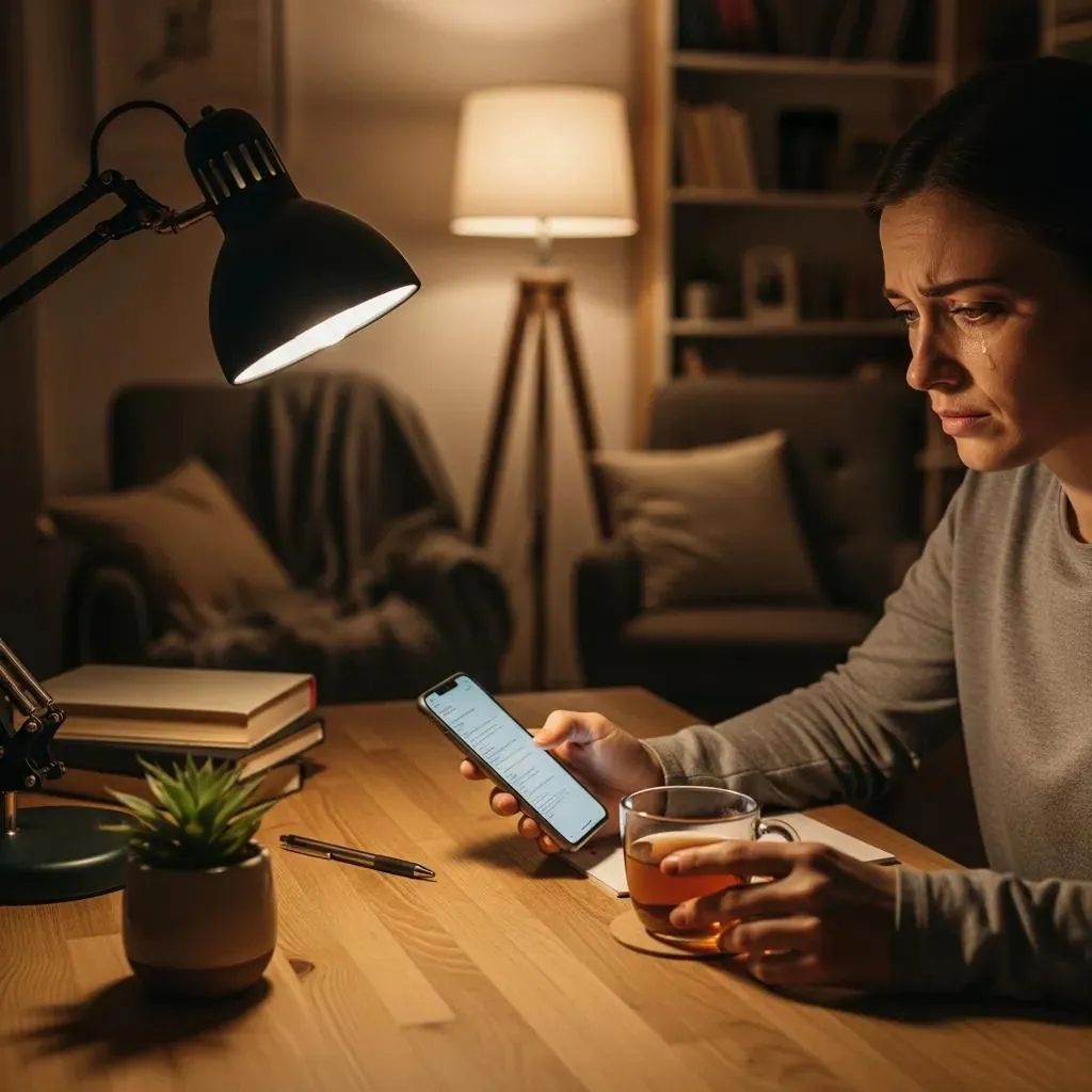 Person reporting an assault using a smartphone in a safe home environment