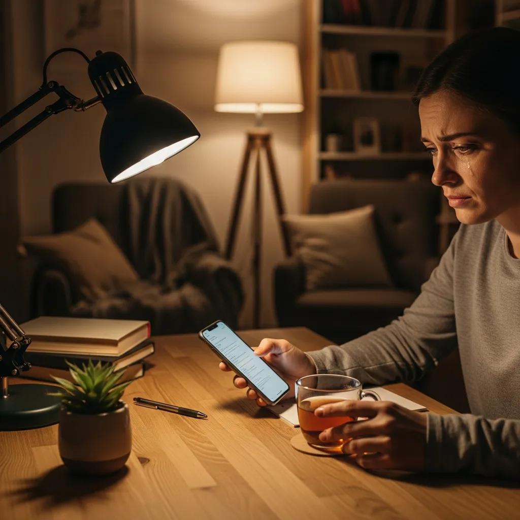 Person reporting an assault using a smartphone in a safe home environment