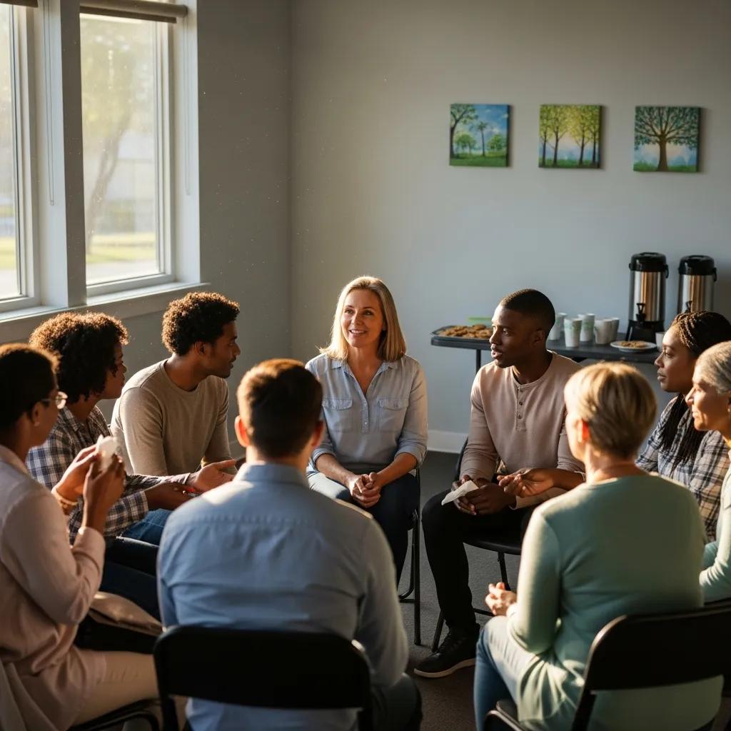 Support group meeting for sexual assault survivors in a community center