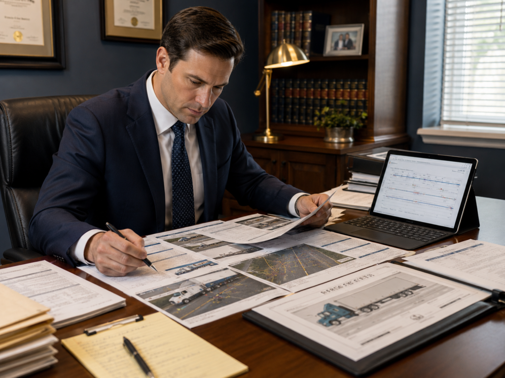 Personal injury attorney reviewing a truck's electronic logging device records and accident reconstruction diagrams at a desk
