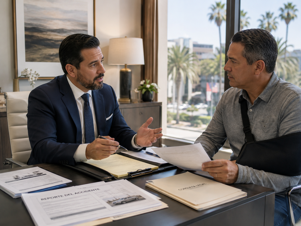 image showing a Spanish-speaking car accident attorney meeting with an injured client in a professional Beverly Hills law office