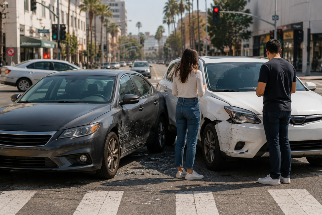 image showing two damaged vehicles after a Los Angeles car accident near a busy intersection with palm trees and traffic lights.
