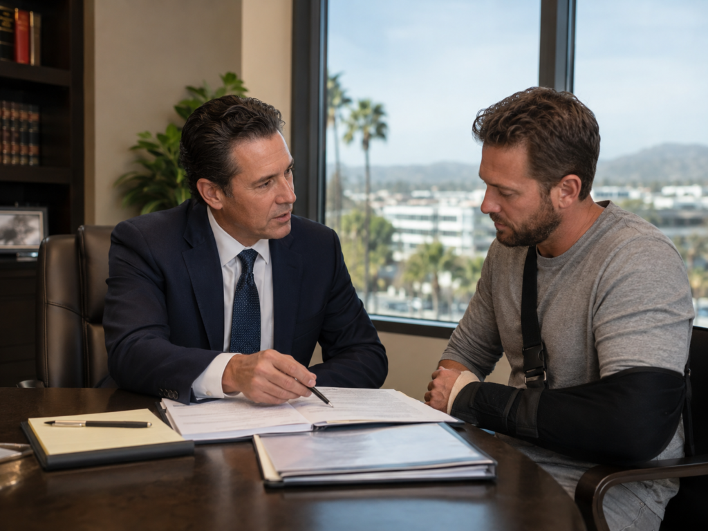 image showing a Beverly Hills personal injury attorney meeting with an injured client in a professional law office