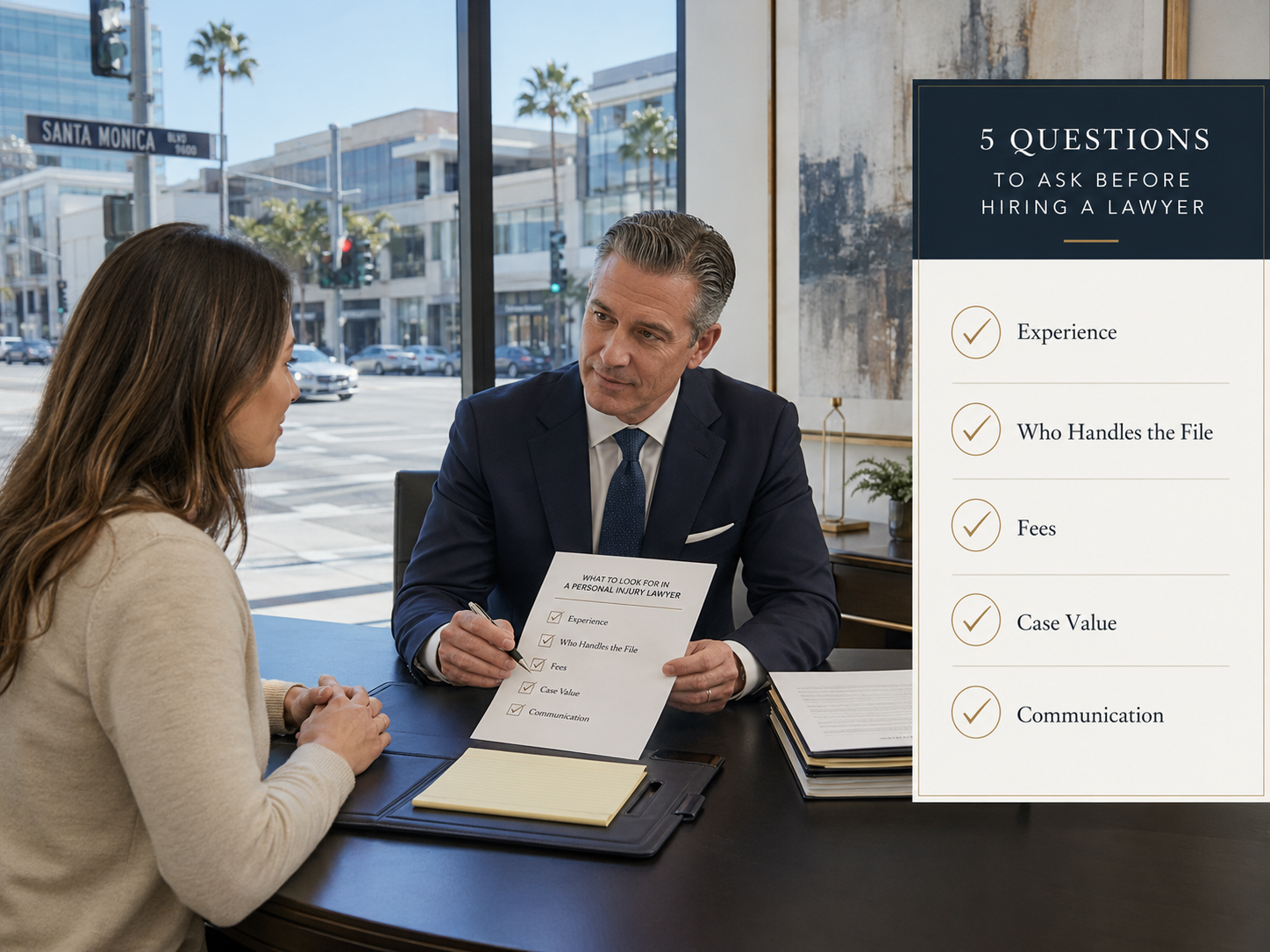 An infographic of the five question categories—experience, who handles the file, fees, case value, communication—arranged as a simple checklist