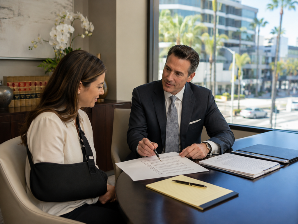 A calm consultation scene showing an injured client reviewing a checklist across a desk from an attorney in a Beverly Hills office, natural daylight from a Wilshire Boulevard window