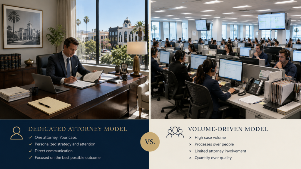 Split-screen graphic contrasting a single dedicated attorney's desk with a large open-plan call-center floor, illustrating the two firm models