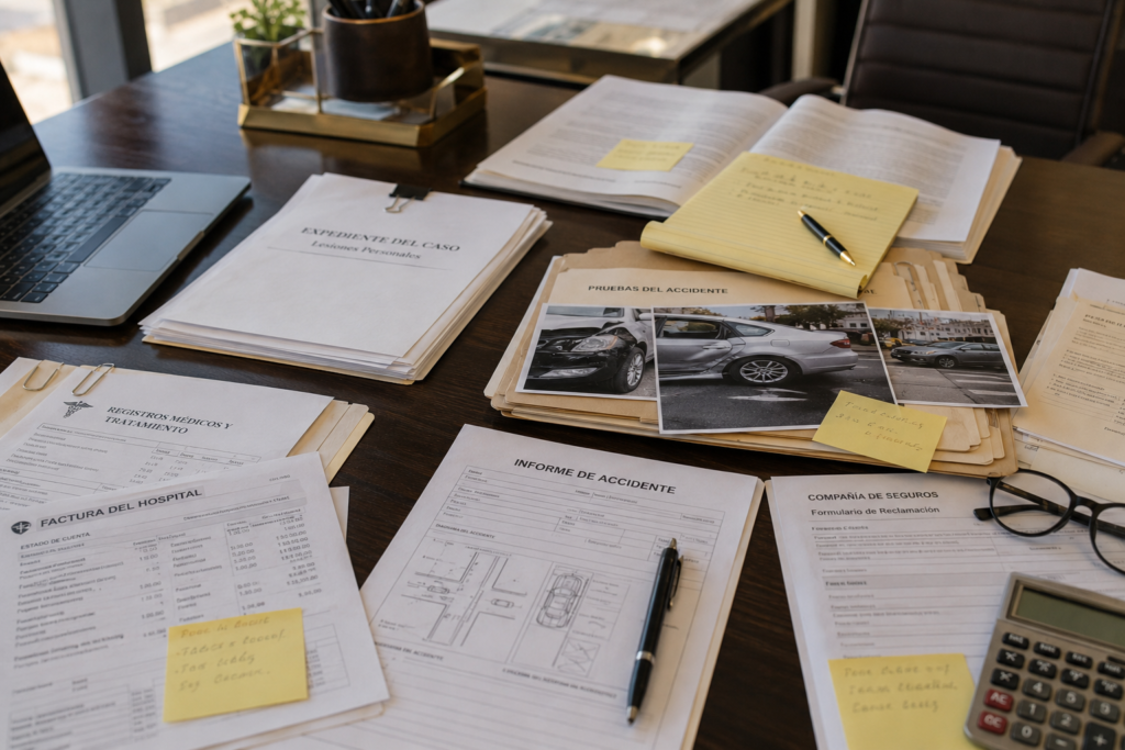 image showing personal injury case documents, medical records, accident photos, and insurance paperwork on an attorney’s desk