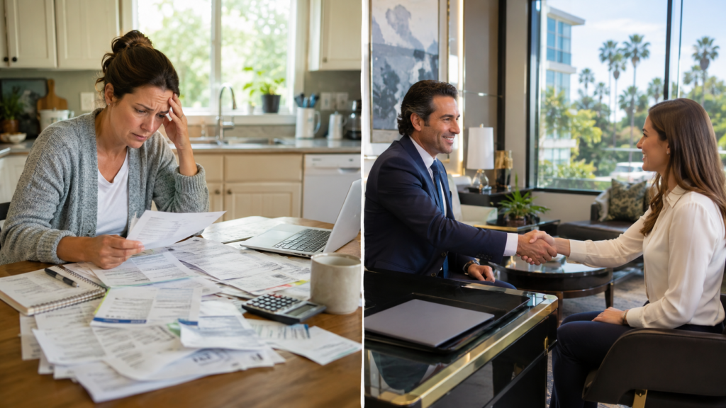 How to Choose a Personal Injury Lawyer: Split-screen image showing a person reviewing insurance paperwork alone at a kitchen table on one side, and an attorney shaking hands with a client in a Beverly Hills office on the other