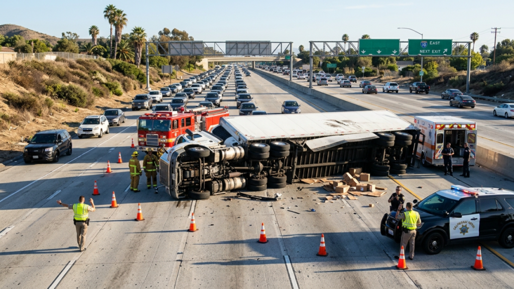 Overturned semi-truck blocking lanes on a California freeway with emergency responders on scene