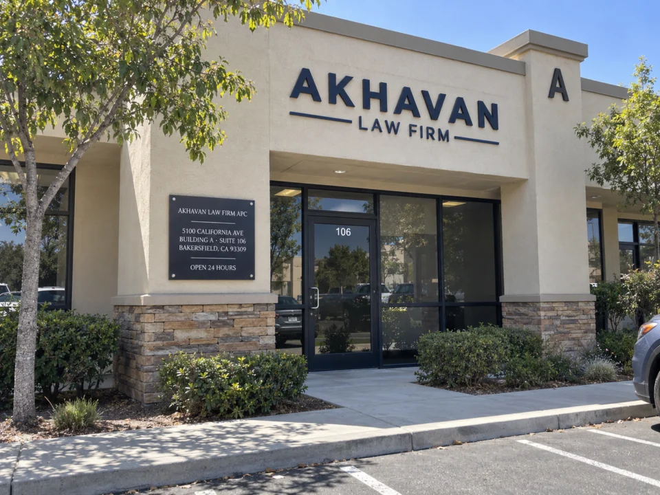 Akhavan Law Firm APC Bakersfield office entrance at 5100 California Ave, Bldg A, Ste 106